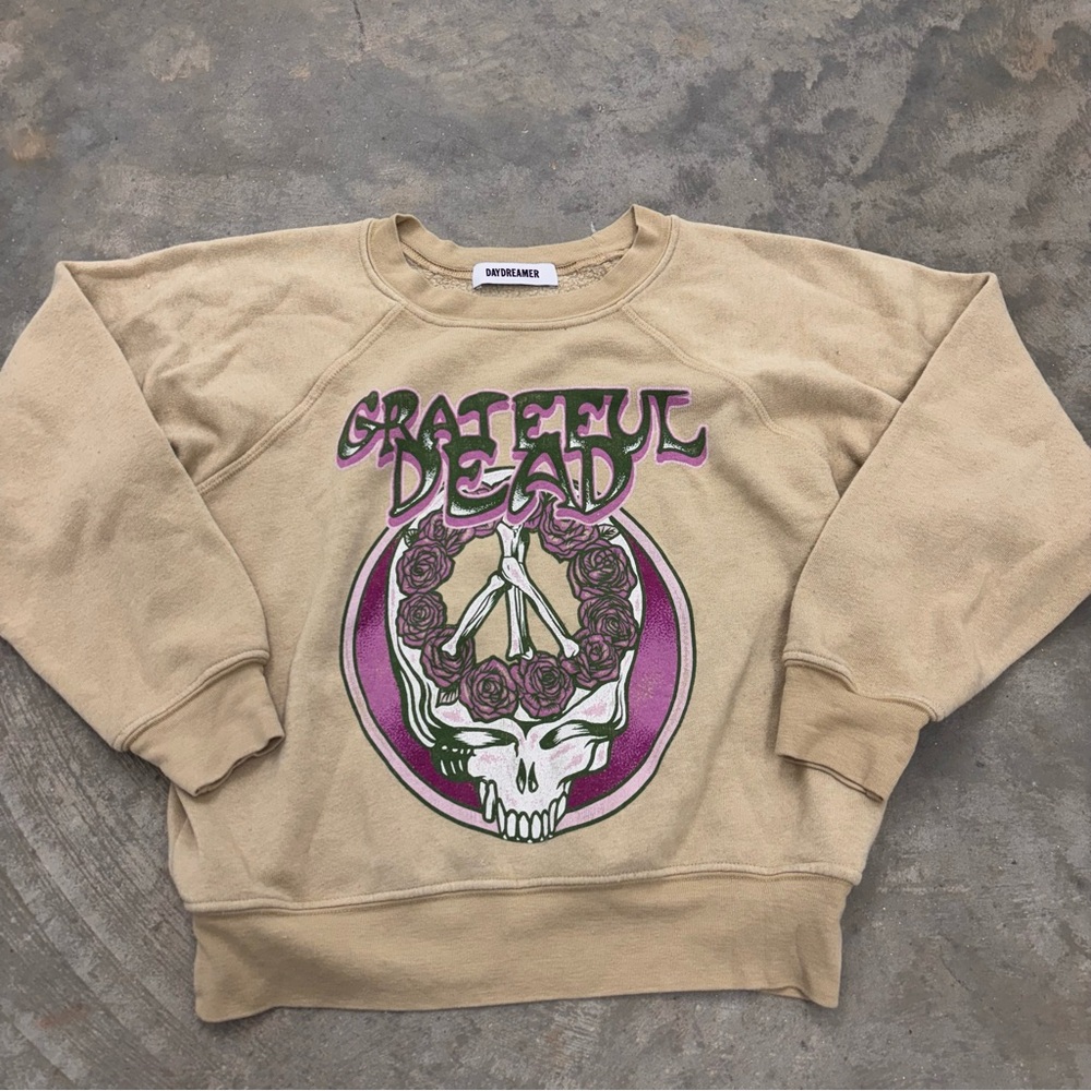 Daydreamer Grateful Dead Skull & Roses Sweatshirt Tan Pink Womens XS